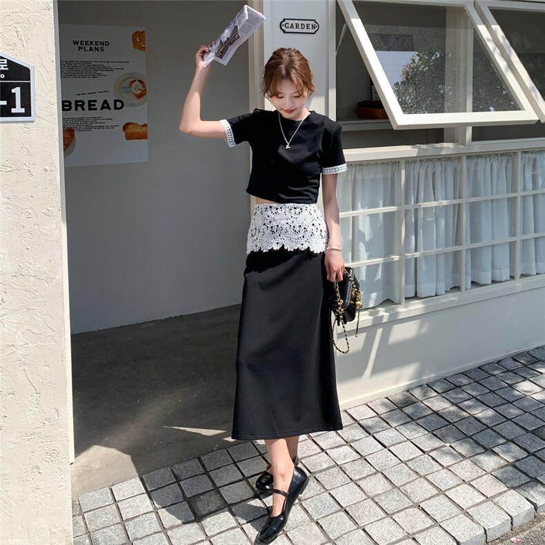 时尚套装包臀裙气质夏季开叉蕾丝短裙女装拼接半裙短袖显瘦高腰,女装套装/套裙,2D148