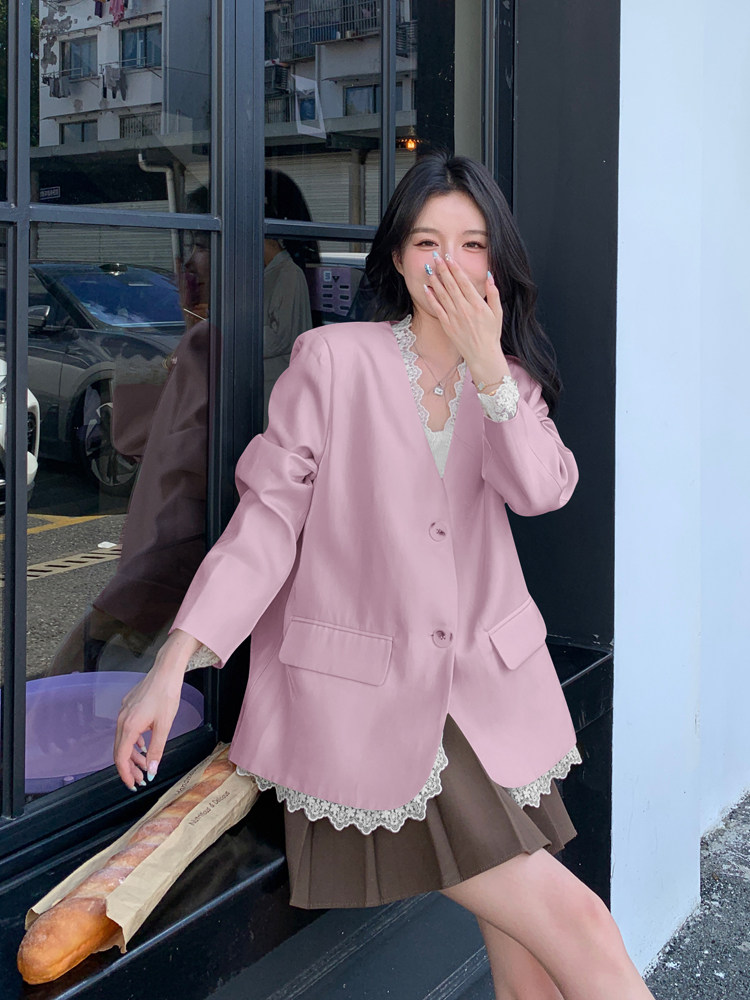 蕾丝拼接小香风西装外套女2026春新款气质独特超好看休闲西服,女装西装,浙宝128A