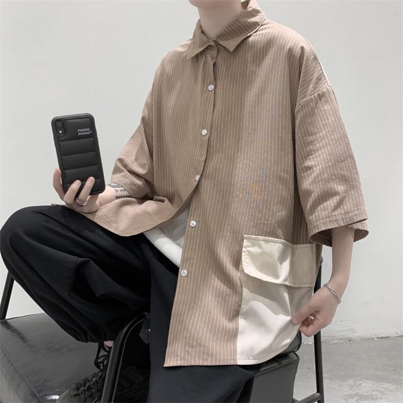 特P30控58港风男宽松版撞色大口袋短袖衬衫CS2101,男装衬衫,电商B370