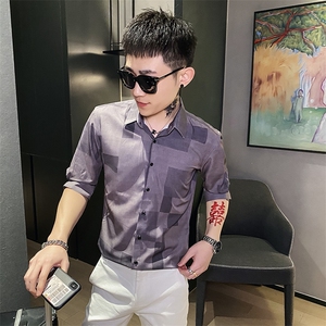 312A-110-P55 新款社会小伙中袖衬衫韩版潮流男士五分袖衬衣B图片