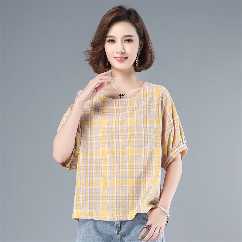 2021年夏季时尚潮流简约舒适优雅个性格子圆领上衣，女装大码女装，悦见她