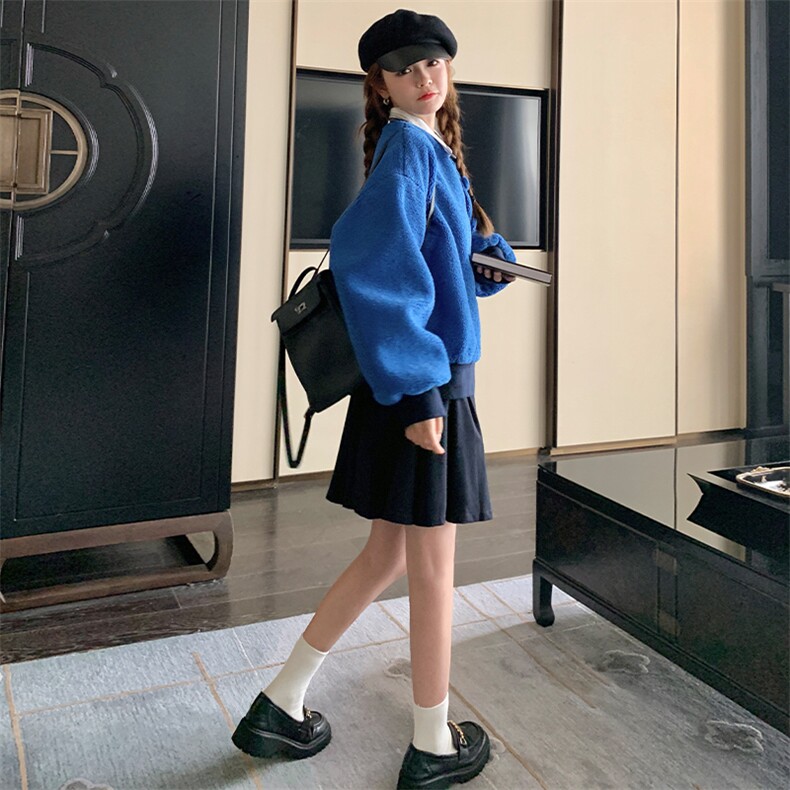 蓝色羊羔毛棒球服外套女2024冬季新款学院风宽松休闲加厚夹克上衣,女装短外套,浙宝276（原081）