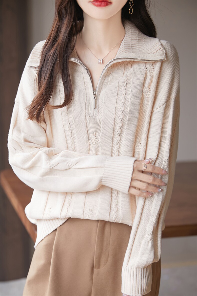 重磅加厚纯棉线针织拉链半开领毛衣女2025秋冬保暖翻领长袖打底衫,针织衫/毛衣,佳绒高端店
