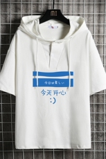 LD54033-P45连帽短袖t恤男大码胖子带帽五分袖中袖网格挂拍，男装T恤，电商A040A