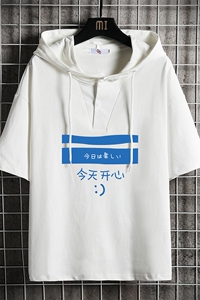 LD54033-P45 连帽短袖t恤男大码胖子带帽五分袖中袖 网格挂拍图片