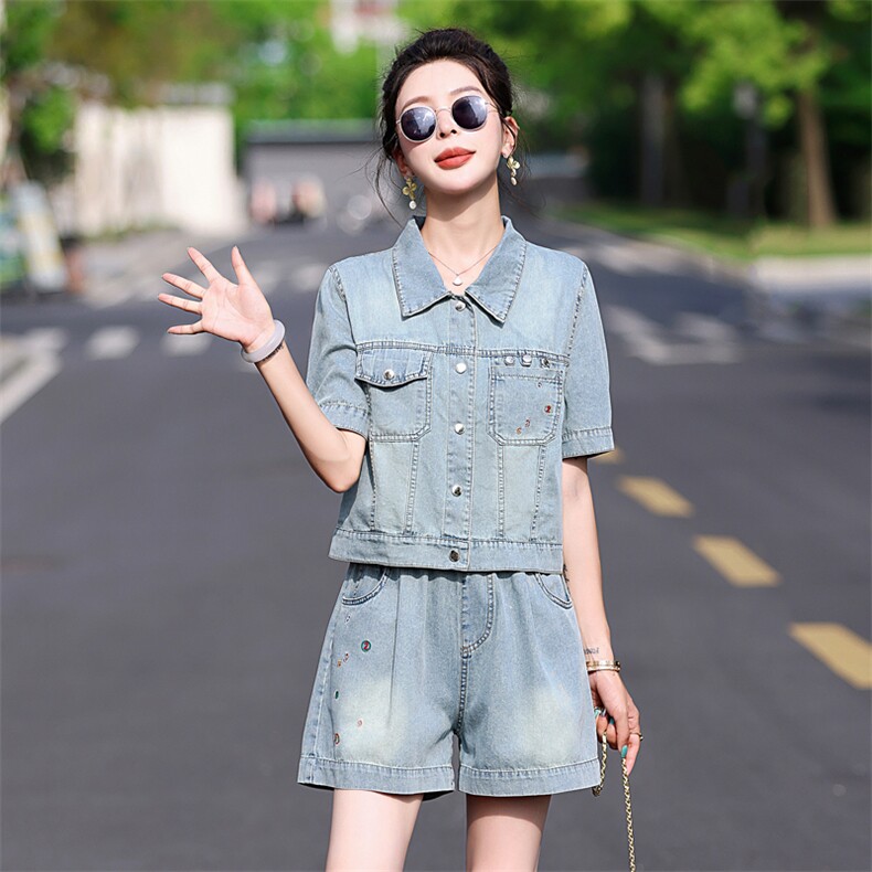 时尚牛仔阔腿短裤套装女夏2025新款洋气减龄复古牛仔小个子两件套,女装套装/套裙,意芙