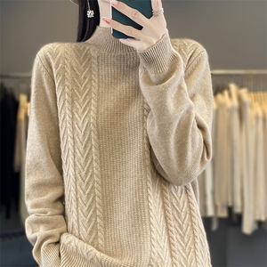 女式羊毛衫半高领立体绞花羊毛舒适时尚图片