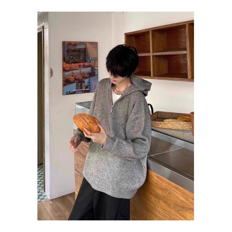 韩版复古灰色半拉链连帽毛衣男秋冬宽松oversize慵懒风针织衫外套,男装针织衫/毛衣,星座506A