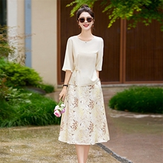 轻熟风妈妈气质国风套装裙女2025夏新款盘扣上衣印花半身裙两件套，女装套装/套裙，牡丹诺