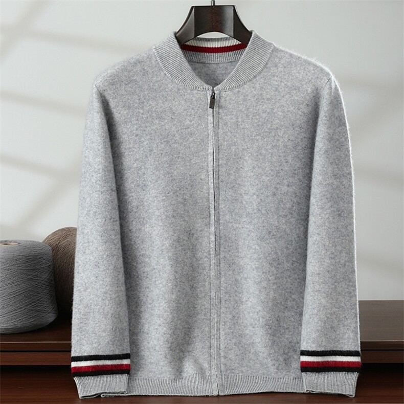 秋冬新款纯色立领拉链开衫时尚百搭，男装针织衫/毛衣，隆格羊绒