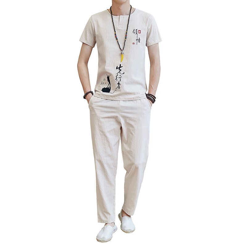 夏季风男装佛系亚麻短袖t恤潮流2021新款棉麻套装男TZ023,男装T恤,星座509
