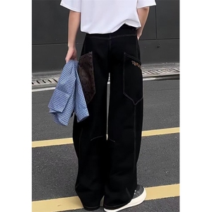 蛇纹口袋弯刀牛仔裤阔腿男女裤子宽松拖地休闲裤直筒裤 NB288图片