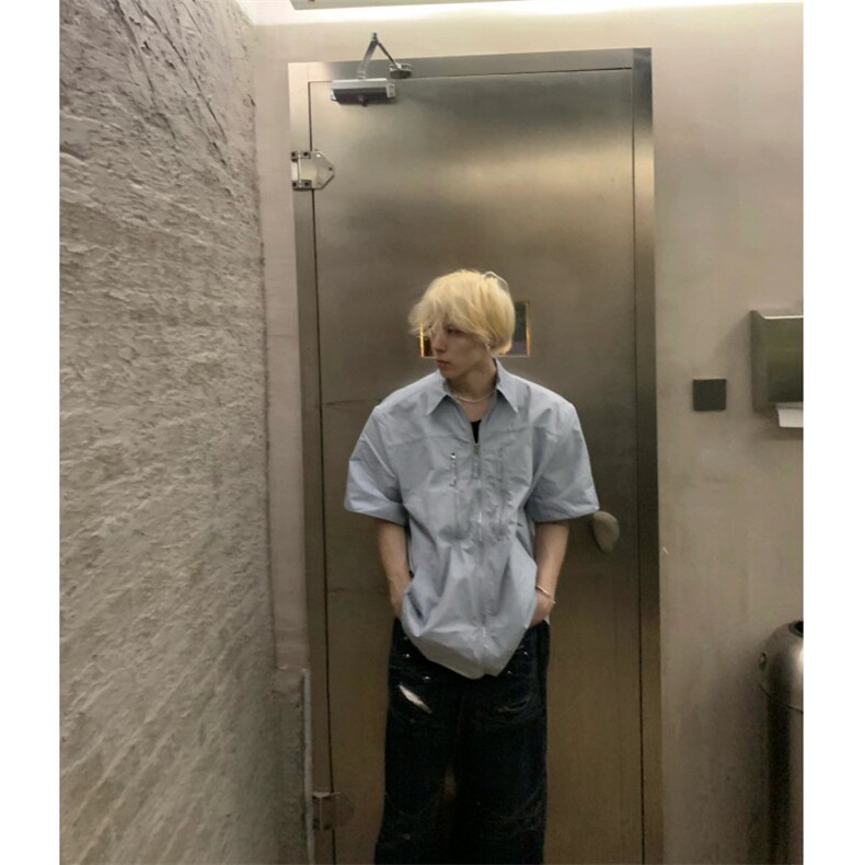 浅蓝色垫肩拉链短袖衬衫男款夏季衬衣cleanfit外套3375-特P38,男装衬衫,星座1007（原301D）