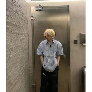 浅蓝色垫肩拉链短袖衬衫男款夏季衬衣cleanfit外套3375-特P38图片