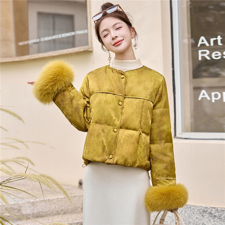 新中式风狐狸毛短款羽绒服女高端小个子保暖外套黄色,女装羽绒服,奕薇雅