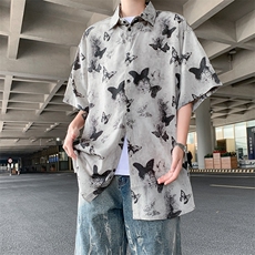 新中式风半袖男花衬衫水墨画山水系情侣衬衣外套男C0455-P33，男装衬衫，星座308B-2