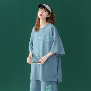 中性 2023夏季简约宽松ins圆领短袖运动风T恤套装 TZ14 P50控68图片