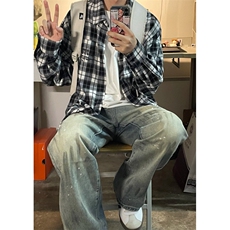 原宿无品牌时尚潮流简约新款流行泼墨牛仔裤男士美式高街休闲长裤，男装牛仔裤，星座601-1