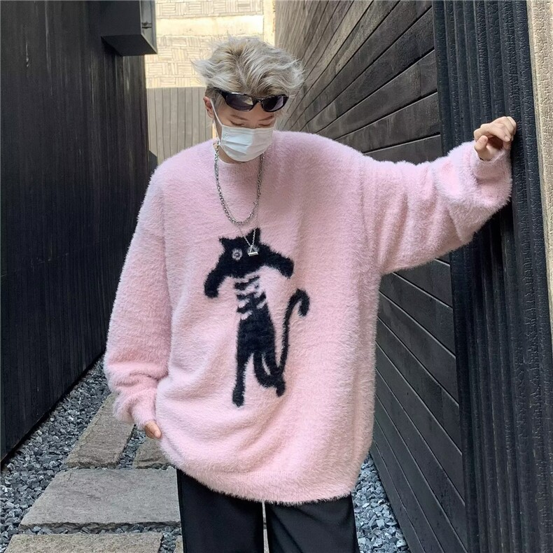 潮牌猫咪慵懒套头毛衣男2024秋冬宽松美式情侣针织衫上衣M03/P54,男装针织衫/毛衣,星座506