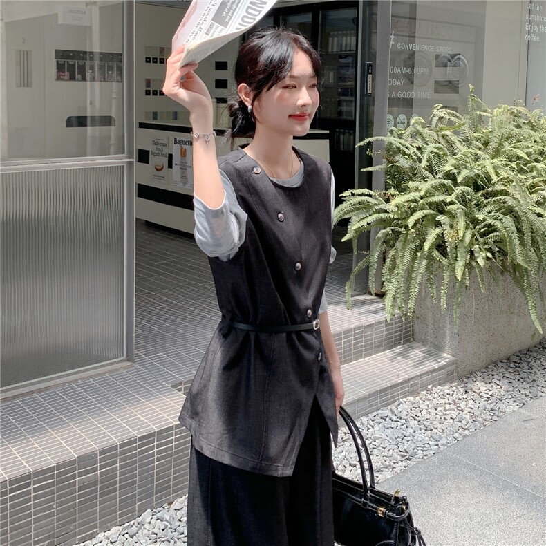 韩系淡人穿搭气质一整套女2025秋季不规则马甲打底衫阔腿裤三件套,女装套装/套裙,2C057