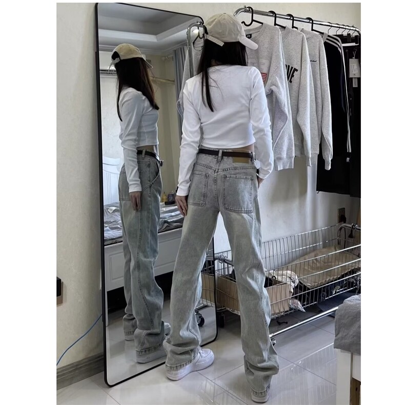 美式高街水洗浅色牛仔裤显瘦裤子纽扣春秋潮流自然腰长裤阔腿裤,男装牛仔裤,星座506A