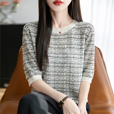 小香风圆领拼色针织衫半袖T恤女2025夏季休闲显瘦轻薄小个子上衣，女装T恤，九嘉羊绒