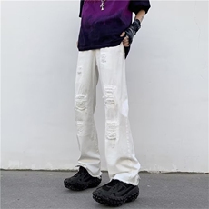 夏季破洞牛仔裤男拉链宽松直筒潮做旧牛仔裤N01626-P45，男装牛仔裤，星座308B-1