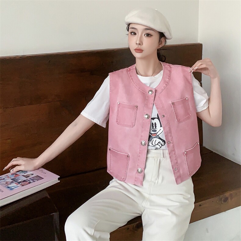 2024春装新款率性气质感多口袋皮马甲，女装皮衣，美拉德工厂直营店