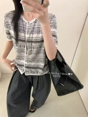 精纺羊毛费尔岛提花卷边开衫短袖，女装针织衫/毛衣，百纯羊绒