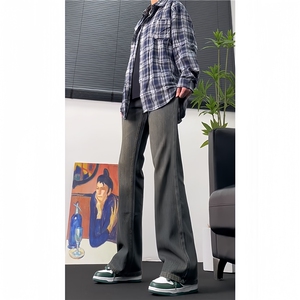 cleanfit巴家竹节牛仔裤高级感痞帅修身微喇叭裤图片