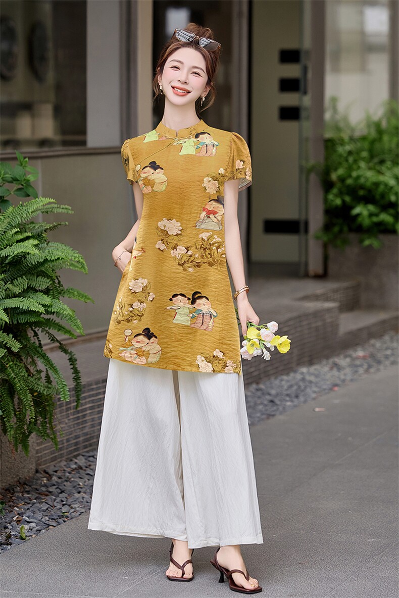 四季青2025夏季新款国风盘扣印花短袖衬衫时尚阔腿长裤两件套女潮,女装套装/套裙,芷墨服饰