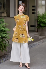 四季青2025夏季新款国风盘扣印花短袖衬衫时尚阔腿长裤两件套女潮，女装套装/套裙，芷墨服饰