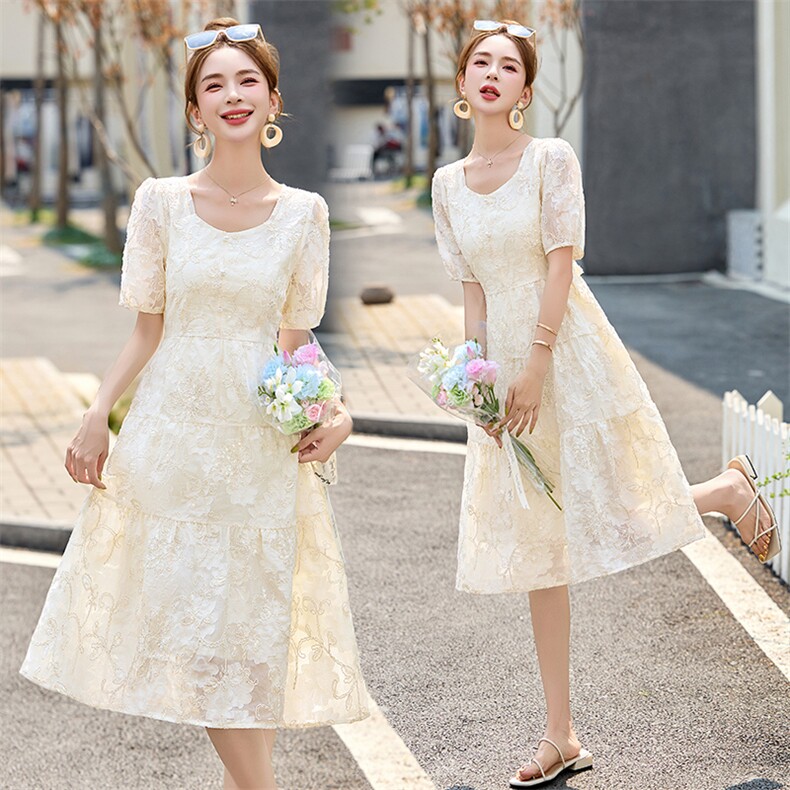 2025夏季新款时尚刺绣连衣裙女款高级感气质减龄韩版短袖中长裙，女装连衣裙，罗得堡