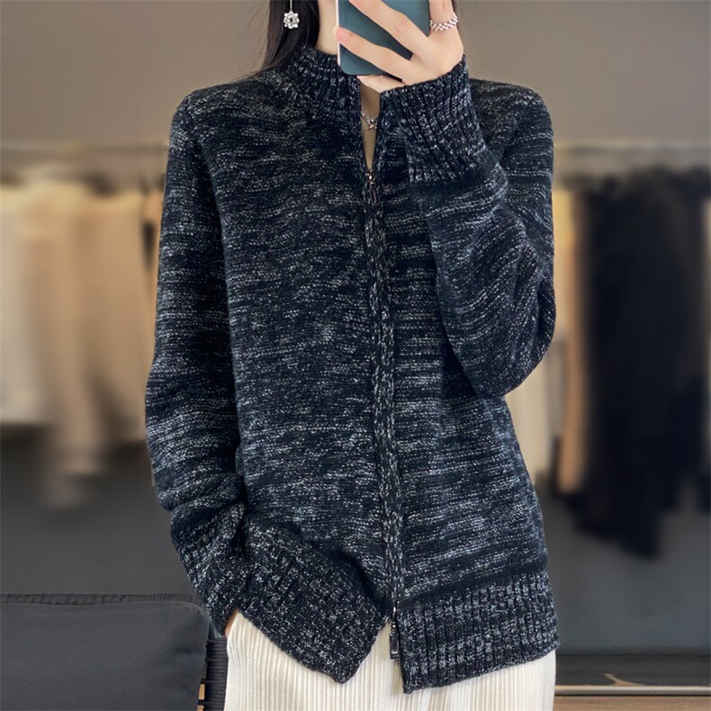 2023秋装新款羊绒开衫女宽松针织拉链羊毛外套复古立领设计感外搭,女装羊毛衫,端硕羊绒