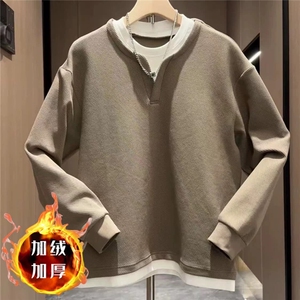 新款高克重假两件圆领卫衣男时尚百搭休闲宽松加绒上衣WY164 P45图片