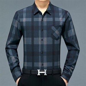 2022爸爸长袖衬衫秋季中老年男士方领条纹衬衣秋冬季男装上衣新款图片