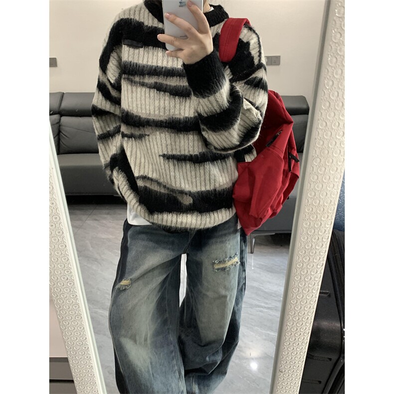 马海毛条纹美式复古毛衣男潮牌秋冬慵懒oversize针织衫 M6011图片