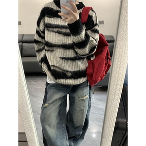 马海毛条纹美式复古毛衣男潮牌秋冬慵懒oversize针织衫 M6011图片