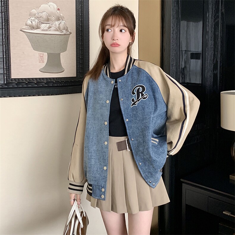 独特超好看牛仔拼接棒球服外套女春秋2025新款今年流行爆款巨好看,女装短外套,一九零