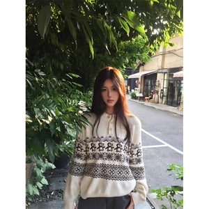 重磅秋冬装北极绒套头毛衣美式复古休闲慵懒风提花工艺针织衫外套图片