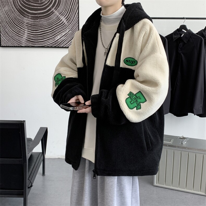 羊羔毛加厚棉衣外套男冬季新款港风棉袄撞色连帽棉服M66加厚-P98，男装棉衣，电商A320A