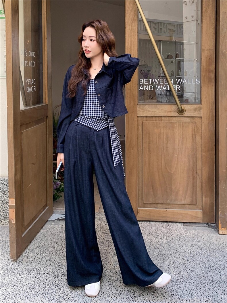 盐系轻熟御姐风套装深蓝色牛仔外套格子抹胸裤子三件套秋,女装套装/套裙,2C289