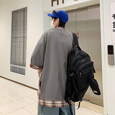 日系假两件短袖t恤2024夏季港风潮牌拼接格纹宽松七分袖上衣发，男装T恤，星座1013