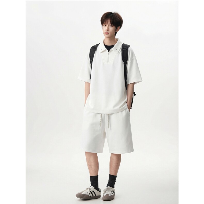半拉链polo短袖抽绳短裤套装oversize宽松少年感套装T926P55控88，男装牛仔裤，电商A102B