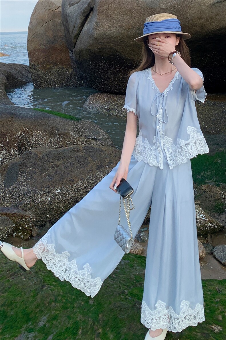 法式气质蕾丝拼接套装女2026夏季新款高级感时髦洋气阔腿裤两件套,女装套装/套裙,衣秀之家