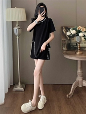 欧韩时尚套装女夏季新款圆领钉珠设计侧开叉不规则上衣短裤两件套，女装套装/套裙，江南