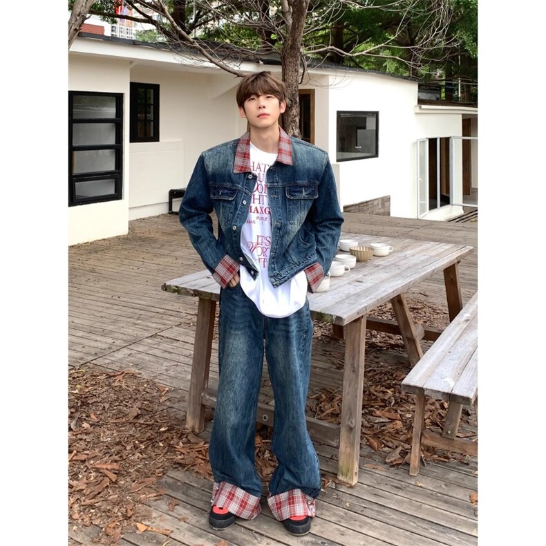 韩系格纹拼接短款垫肩牛仔夹克外套男女高级感复古潮流牛仔长裤子,男装工装外套,星座1210-1
