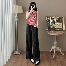 时尚套装女夏季新款新中式盘扣立领提花无袖上衣阔腿裤两件套，女装套装/套裙，江南