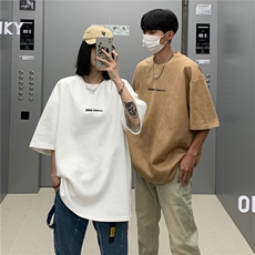 wassuphappy麂皮绒短袖t恤男夏季潮牌复古重磅宽松休闲五分半袖，男装T恤，电商A233-1