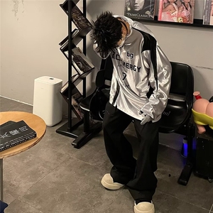 春季潮流新款美式球衣银色长袖T恤男运动撞色插肩上衣LY1233-P40图片